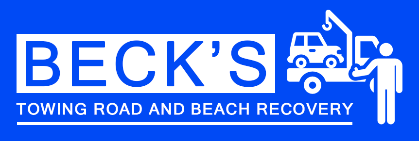 Beck's Towing Road and Beach Recovery logo featuring a tow truck lifting a car, emphasizing towing and roadside assistance services.